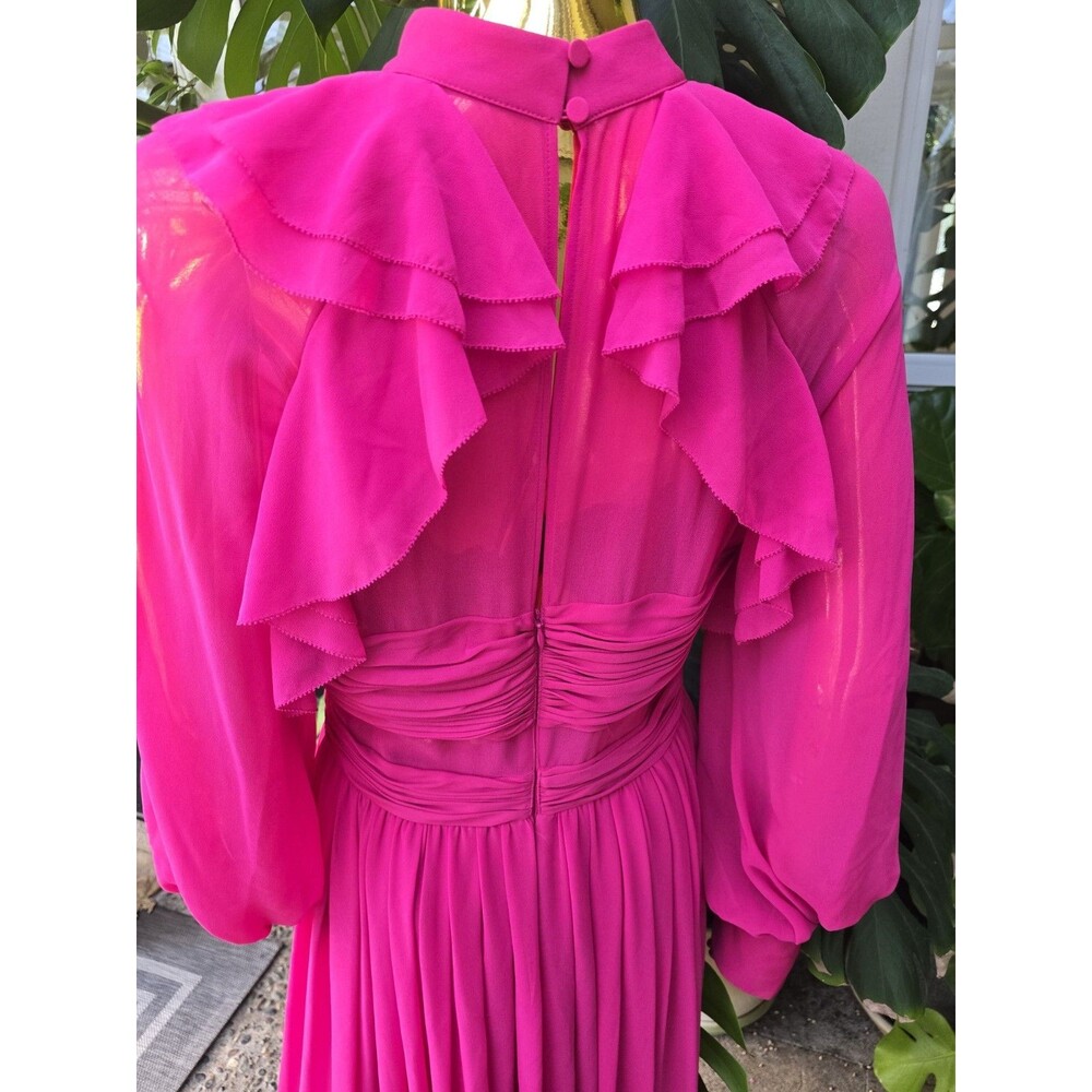 Self-Portrait Fuchsia Pink Chiffon Ruffle Lace Midi Dress Long Sleeve US 8 UK 12 - Picture 6 of 12